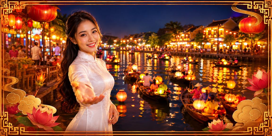 Người phụ nữ mặc áo dài xem thông tin cá cược thể thao trên điện thoại tại Hội An